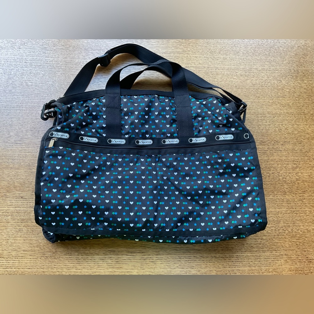 LESPORTSAC Medium Black, Blue and Green Star & Heart Duffel Bag/Weekender - Picture 2 of 11